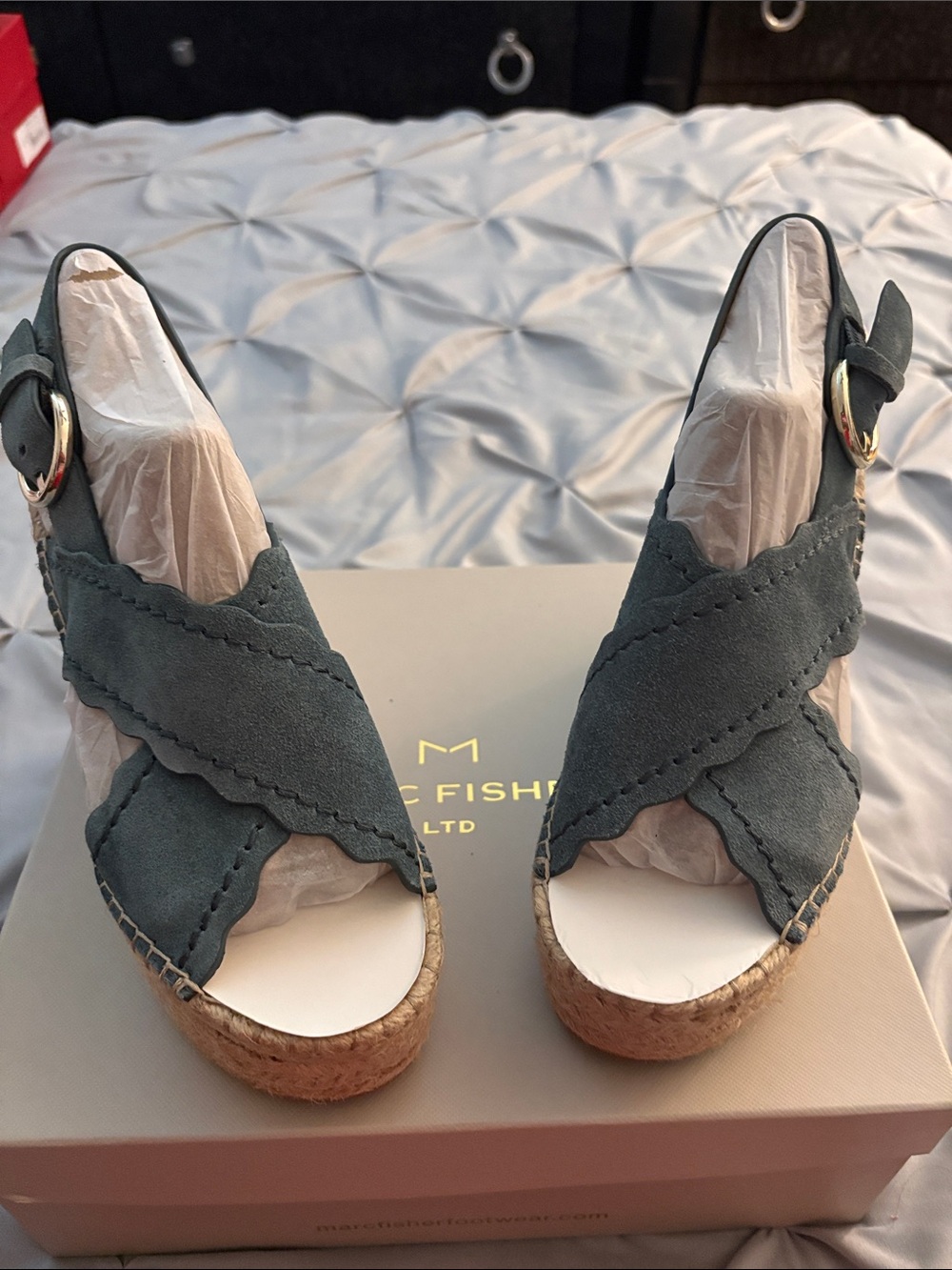 Marc Fisher Slate Blue Suede Espadrille Wedge Sandals